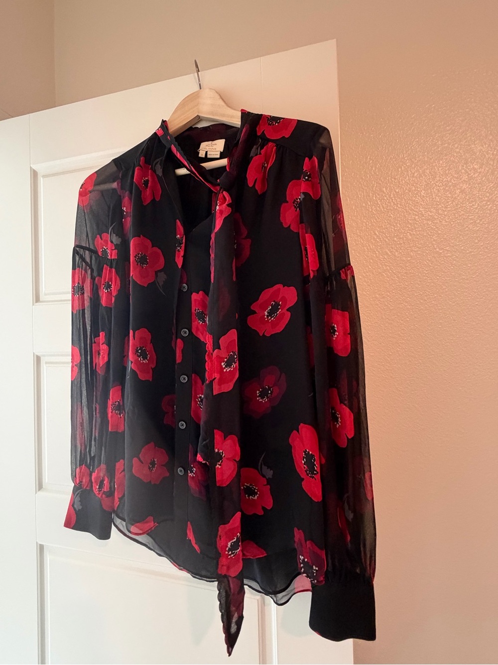 kate spade Black Sheer Blouse with Red Floral Tie-Neck